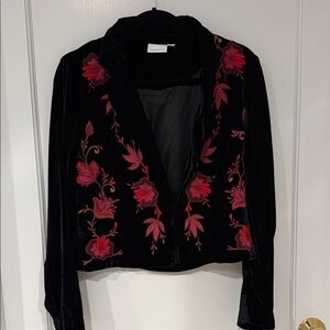 Anthropologie Black Velvet Blazer with Red Embroidery